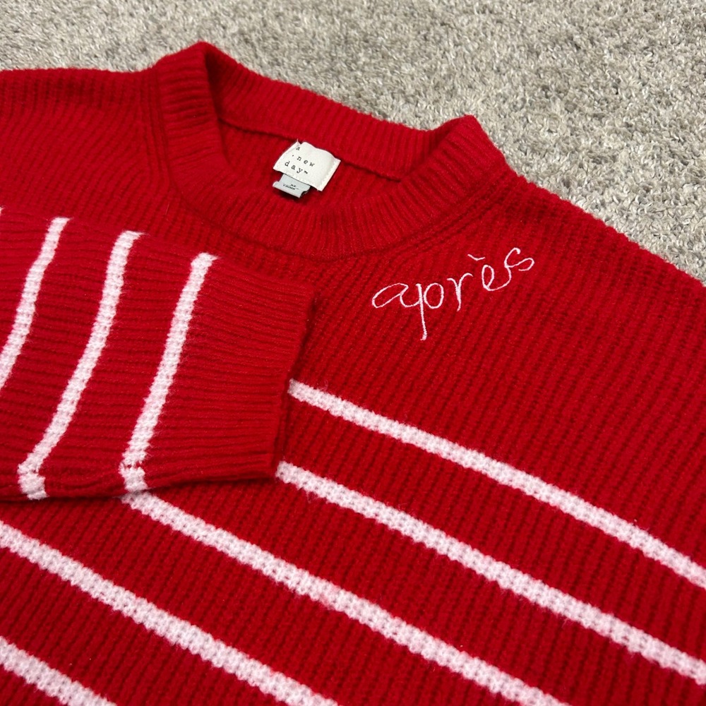 A New Day Sweater Size M Red Striped Après Embroidered‎ Ribbed Knit Crewneck